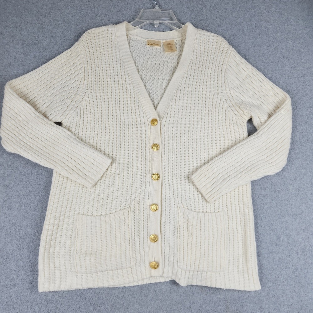 Bobbie Brooks Cardigan Sweater Womens M Cream Ribbed Knit V-Neck Button Front